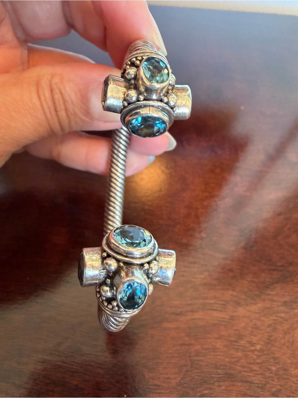 STERLING SILVER BLUE TOPAZ cuff BRACELET, ADJUSTABLE vintage 63 grams !